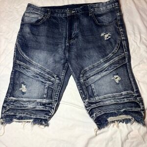 Smoke Rise Mens Moto Biker Distressed Denim Shorts Blue Size 40 Raw Hem Stretch